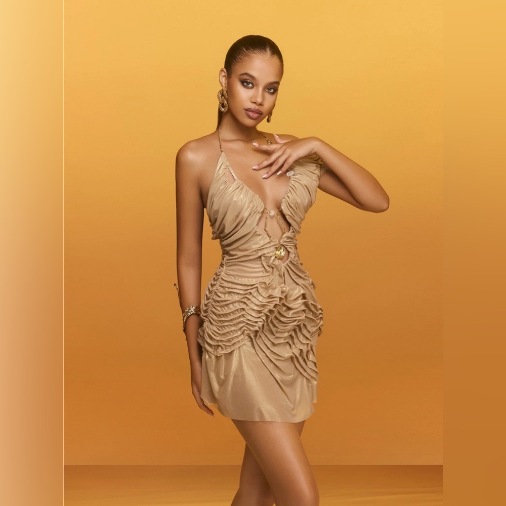 Elegant Tan Ruched Mini Dress